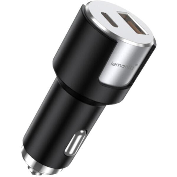 Lemontti Incarcator Auto Fast Charge 1 x port PD Type-C 20W + 1 x port USB-A QC 3.0 18W cu cablu Type-C la Type-C 20W, 1m, Negru/Argintiu