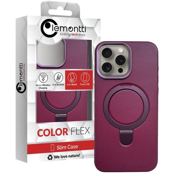 Lemontti Husa Piele MagSafe cu inel stand iPhone 16 Pro Max Visiniu