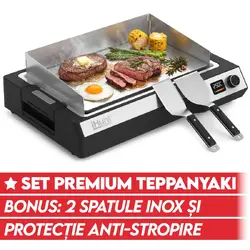 Plita electrica iHunt BRO Teppanyaki Grill, 1650W, Placa detasabila 5mm, Suprafata antiaderenta 36.5 x 23 cm, Afisaj digital, Tava scurgere grasime, Inox/Negru
