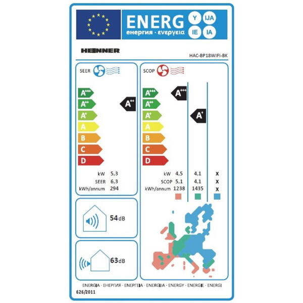 Aparat de aer conditionat HEINNER Black Pearl HAC-BP18WIFI-BK, 18000 BTU, Clasa A++/A+, Follow Me, Filtru HEPA BIO, Negru