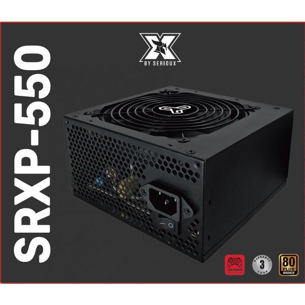 Sursa Serioux Energy 550W, 80+ Bronze, Ventilator 12cm, ATX, material metal, cabluri: 20+4-pin, 1x4+4-pin, 2x6+2-pin, negru