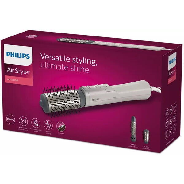 Perie Philips Seria 7000 BHA710/00, 1000W, ingrijire cu ioni, 2 accesorii, setare temperatura de ingrijire si aer rece, peri naturali, invelis ceramic din turmalina, Alb/crem