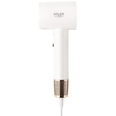 Uscator de par Adler AD 2272, 110.000 RPM, 1800W, afisaj LED, flux aer 20 m/s, 3 setari temperatura, 2 trepte viteza, nivel zgomot 67 dB, tehnologie ionizare, concentrator magnetic, alb/auriu
