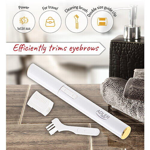 Trimmer pentru sprancene Adler AD 2934w, pieptene de ghidaj dublu, perie, baterii, alb
