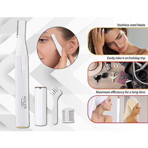 Trimmer pentru sprancene Adler AD 2934w, pieptene de ghidaj dublu, perie, baterii, alb