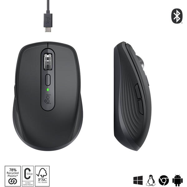 Mouse wireless Logitech MX Anywhere 3S, 2.4GHz&Bluetooth, Silent, Scroll MagSpeed, Multidevice, USB-C, Negru Grafit