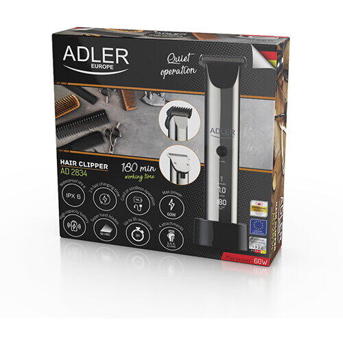 Aparat de tuns Adler AD 2834, display LCD, 5 viteze, autonomie 3 ore, IPX 6, argintiu