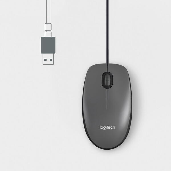 Mouse Logitech M100, optic, interfata USB, rezolutie 1000 DPI, negru