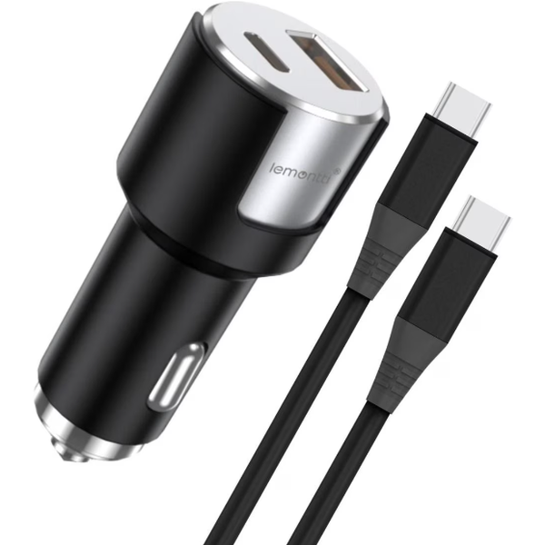Lemontti Incarcator Auto Fast Charge 1 x port PD Type-C 20W + 1 x port USB-A QC 3.0 18W cu cablu Type-C la Type-C 20W, 1m, Negru/Argintiu