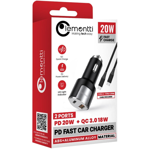 Lemontti Incarcator Auto Fast Charge 1 x port PD Type-C 20W + 1 x port USB-A QC 3.0 18W cu cablu Type-C la Type-C 20W, 1m, Negru/Argintiu