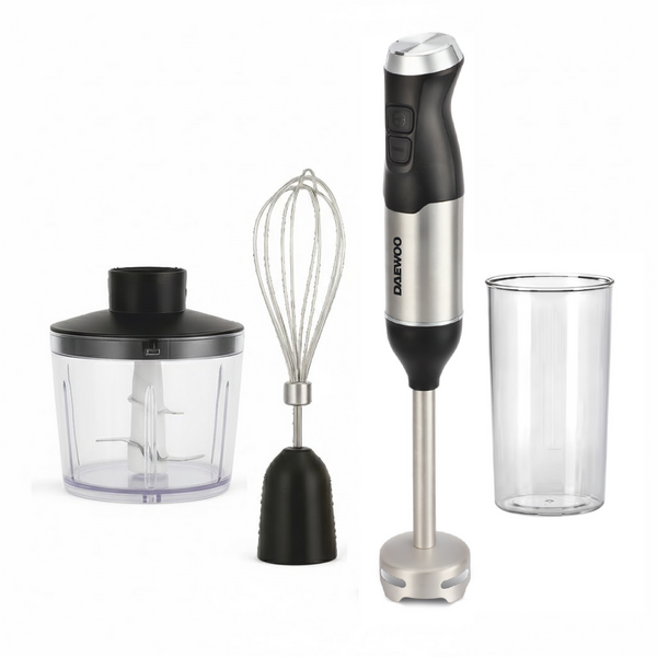 Daewoo SDA Mixer vertical Daewoo DHB60BX, putere 600 W, tija detasabila din inox, 2 trepte de viteza, lama din inox, accesorii: tel, tocator, pahar gradat, Inox/Negru