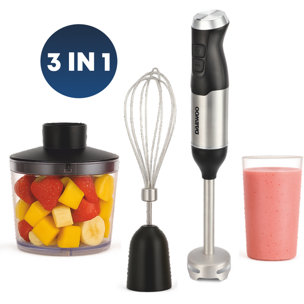 Daewoo SDA Mixer vertical Daewoo DHB60BX, putere 600 W, tija detasabila din inox, 2 trepte de viteza, lama din inox, accesorii: tel, tocator, pahar gradat, Inox/Negru