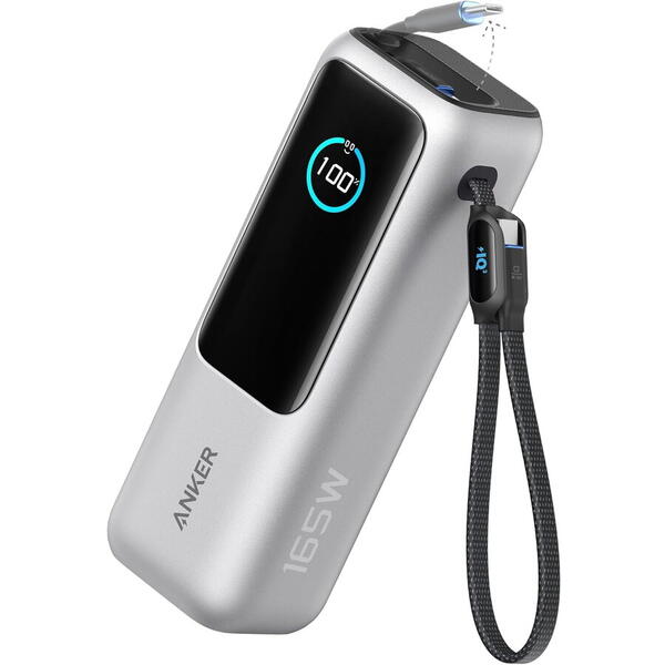 Acumulator extern Anker 25.000 mAh, 165W, 100W USB-C, cablu USB-C retractabil, Argintiu