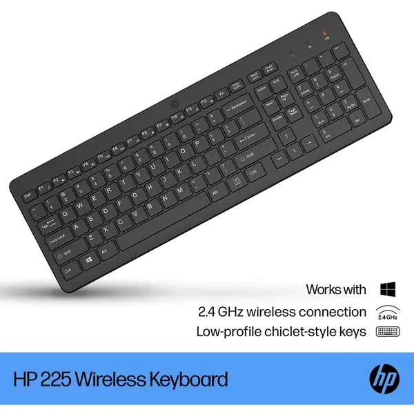 Tastatura Wireless HP 225, 2.4GHz, 12 combinatii pentru comenzi rapide, Negru