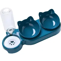 Set Boluri Duble de Hrana 3 in 1, pentru Pisici Caini si Animale Mici, Dispenser Automat Apa 500ml si Suport Inclinat, Albastru