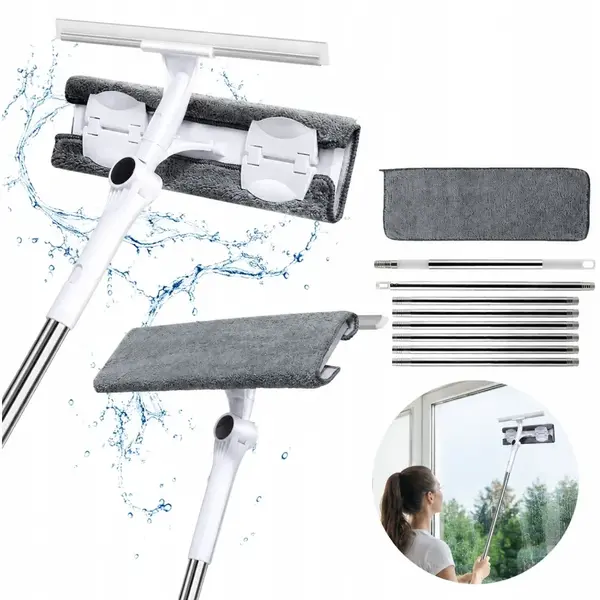 OEM Curatator Geamuri 2 in 1 cu Maner Telescopic 150 cm, Racleta si Laveta din Microfibra, Cap Rotativ, pentru Ferestre, Oglinzi si Cabine de Dus, Alb/Gri