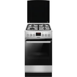 Aragaz mixt Hansa, cuptor electric, 50 cm, 4 arzatoare, usa 3 straturi, autocuratare catalitica, display LED rosu, 8 functii, grill, ventilator, rotisor, aprindere electrica, siguranta, capac metalic, gratare fonta, sertar depozitare, 65 L, inox